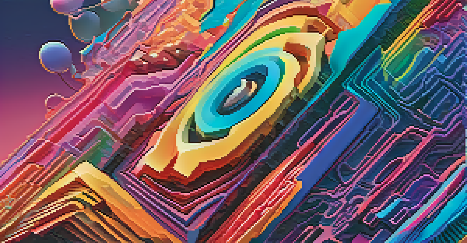 A close-up of an abstract digital art piece, showcasing vibrant colors and shapes with a glowing outline.