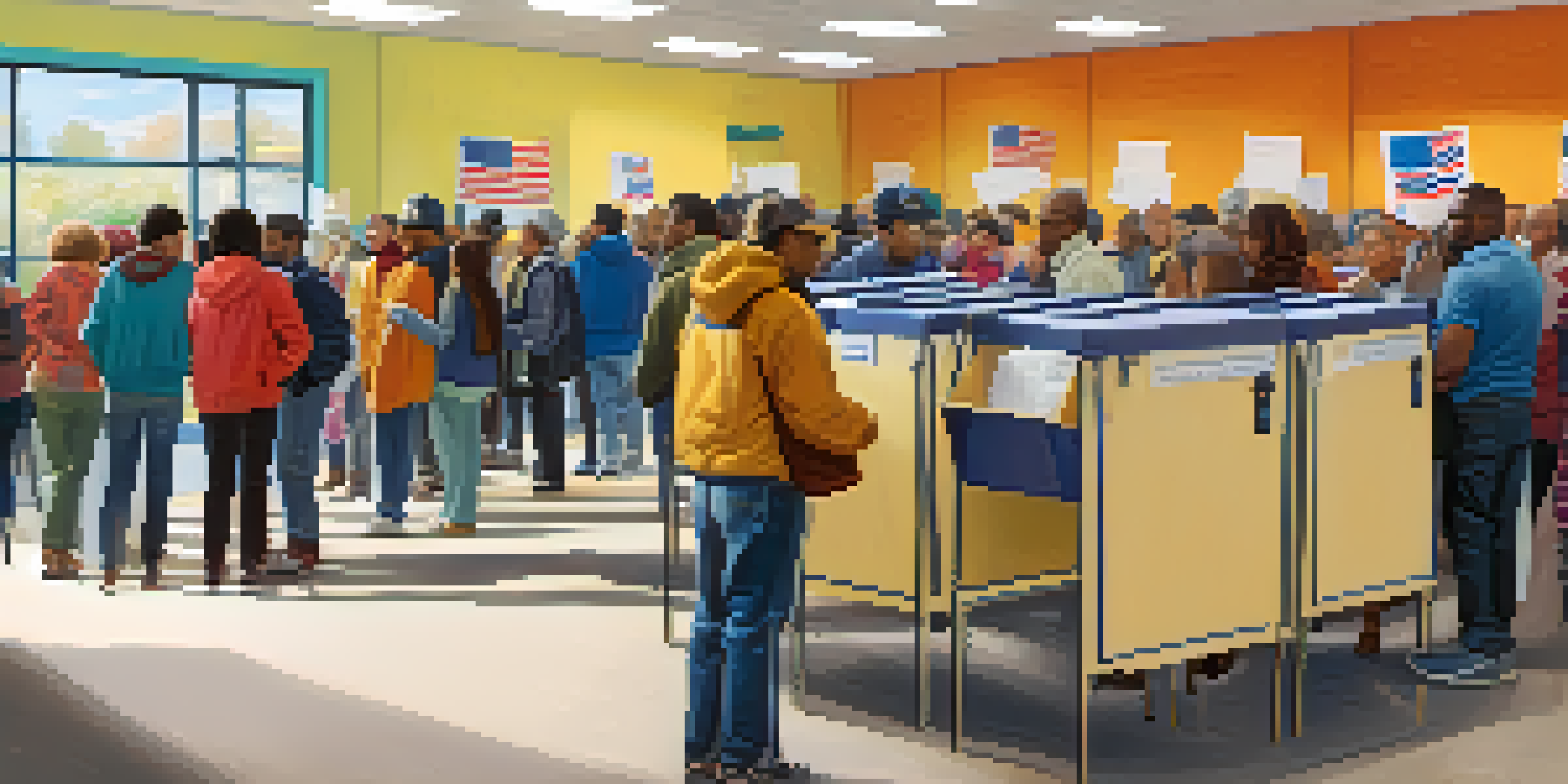 A busy polling station with voters standing in line, brightly lit with volunteers assisting. A close-up of a voter casting a ballot.