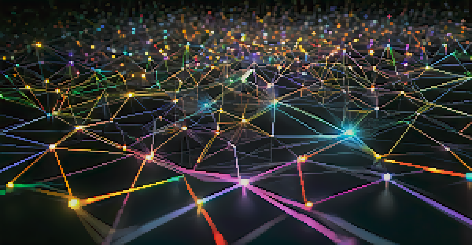 An abstract visualization of the Ethereum blockchain, featuring interconnected nodes and colorful lines of light.