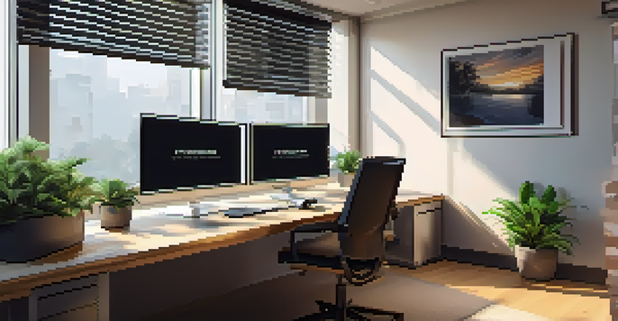 A modern office workspace with computer monitors showing Ethereum code, natural lighting, a potted plant, and a cup of coffee.