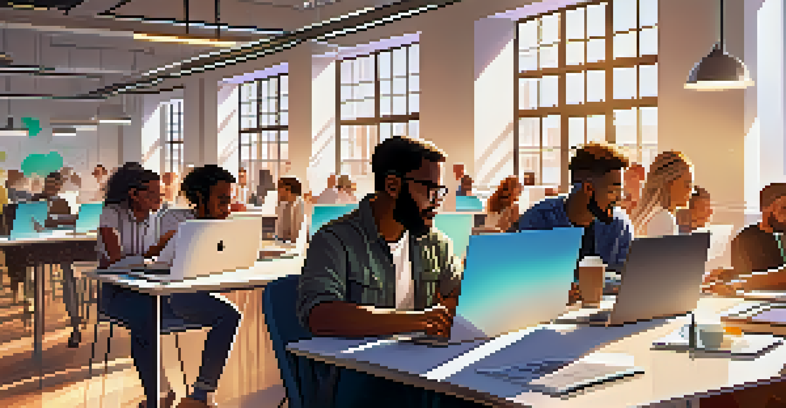 A diverse group of developers working together on a blockchain project in a bright open workspace filled with sunlight and collaboration.