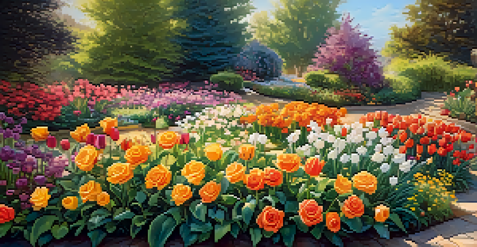 A close-up of a colorful flower garden with roses, daisies, and tulips, illuminated by sunlight with bees and butterflies.