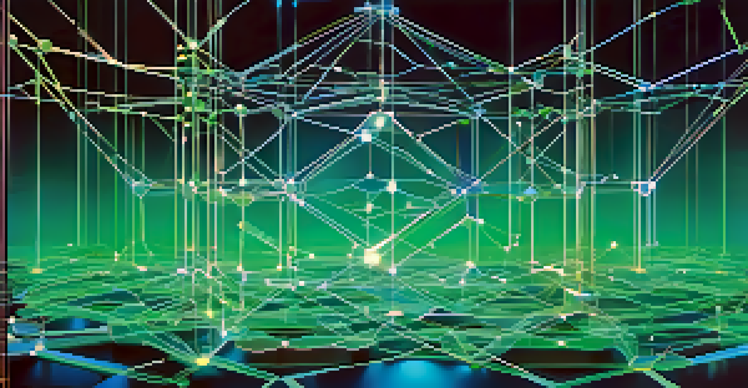 An abstract visual of blockchain technology, showcasing interconnected nodes and chains with a blue and green gradient background.