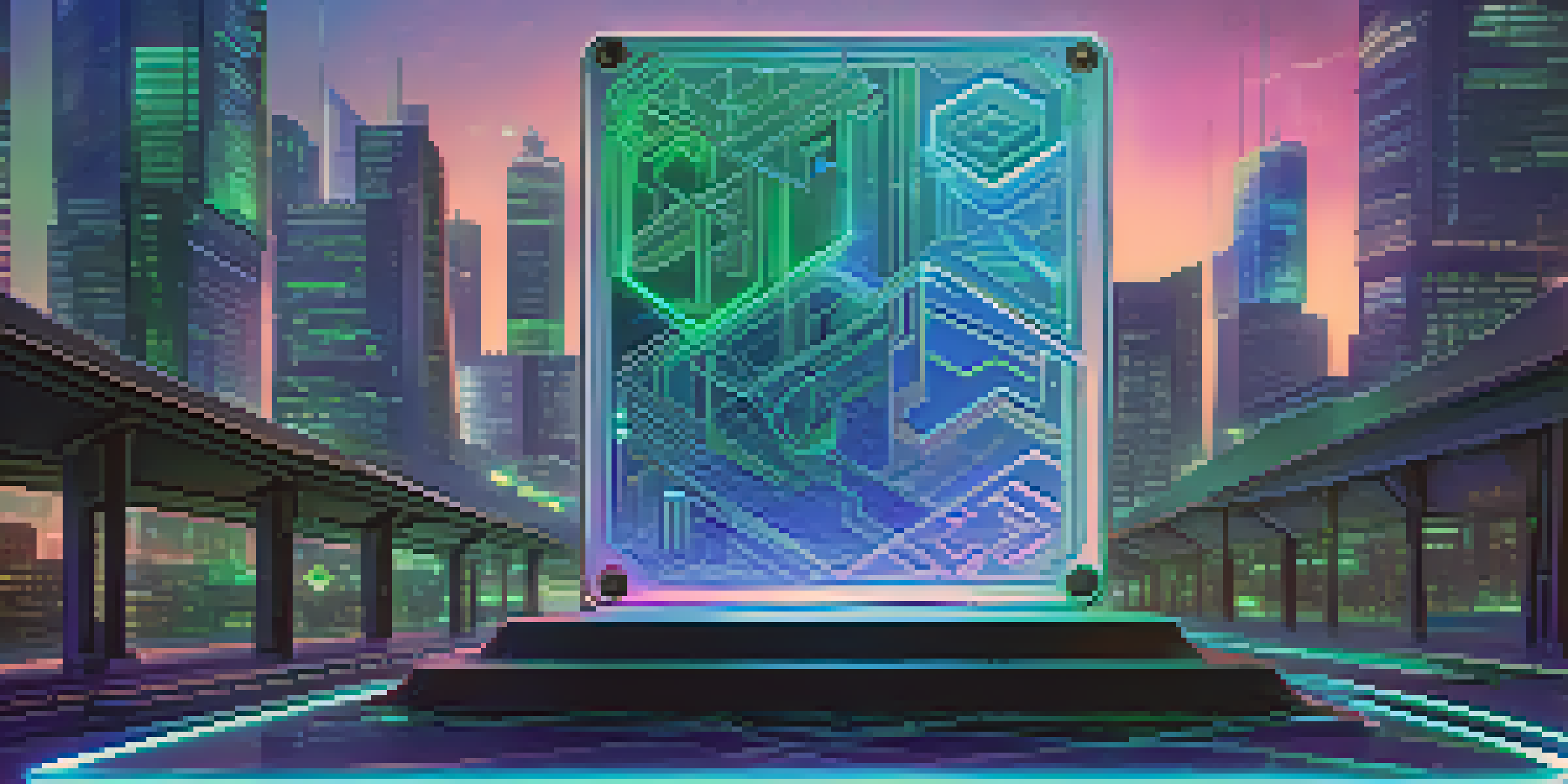 A futuristic Ethereum wallet interface with glowing holographic elements and a high-tech cityscape background.