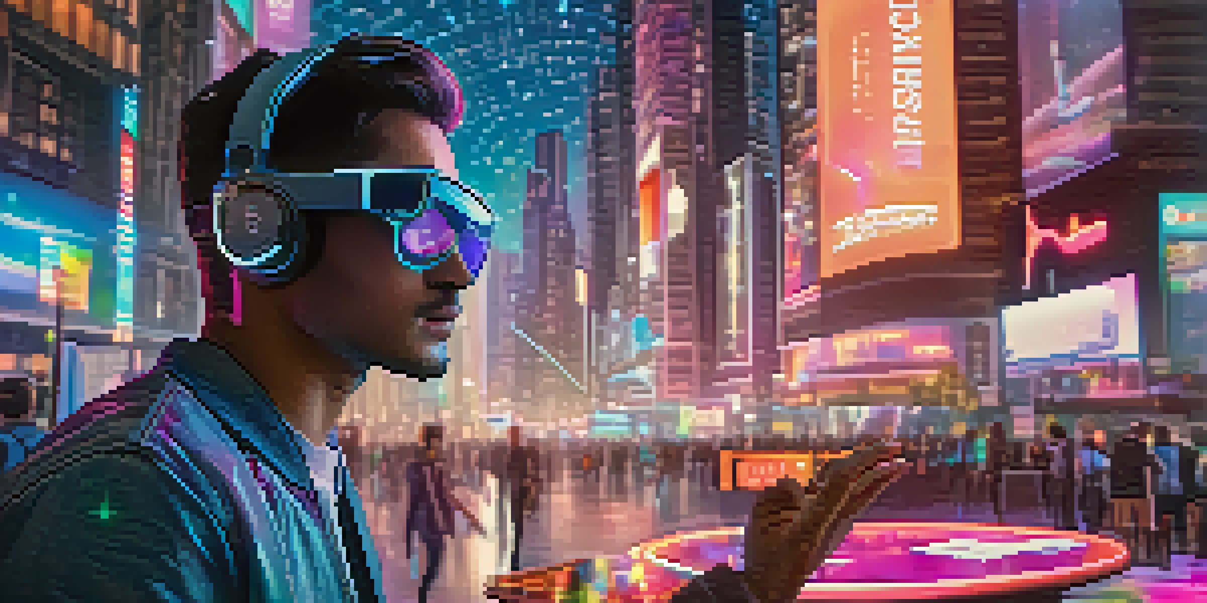 A person using augmented reality glasses to interact with colorful digital holograms in a bright, neon-lit city at night.