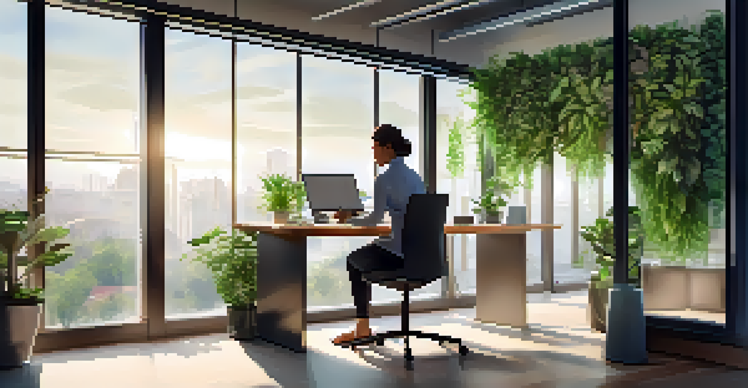 A person in an office using a laptop for digital identity verification, surrounded by natural light and organized workspace.