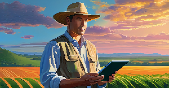 A farmer in a green field, holding a tablet with data, during sunset.