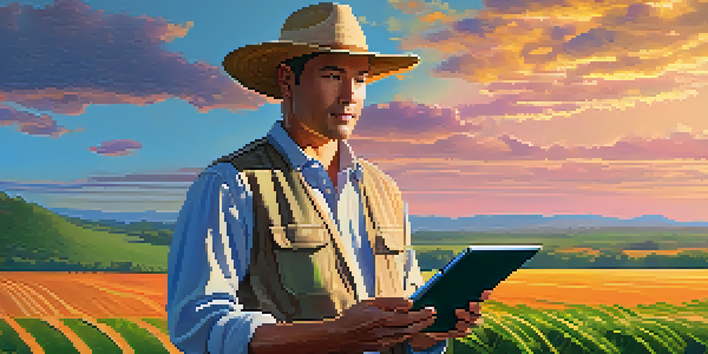 A farmer in a green field, holding a tablet with data, during sunset.