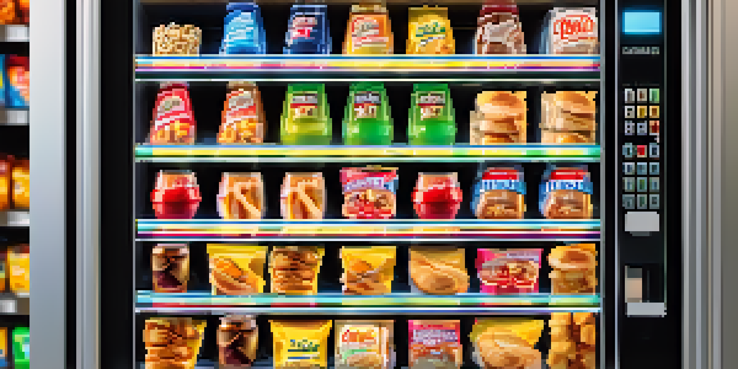 A modern vending machine with a digital screen and snacks, with a hand inserting a coin, in a well-lit environment.