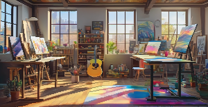 A bright and colorful digital art studio with canvases, art supplies, and devices, illuminated by sunlight.