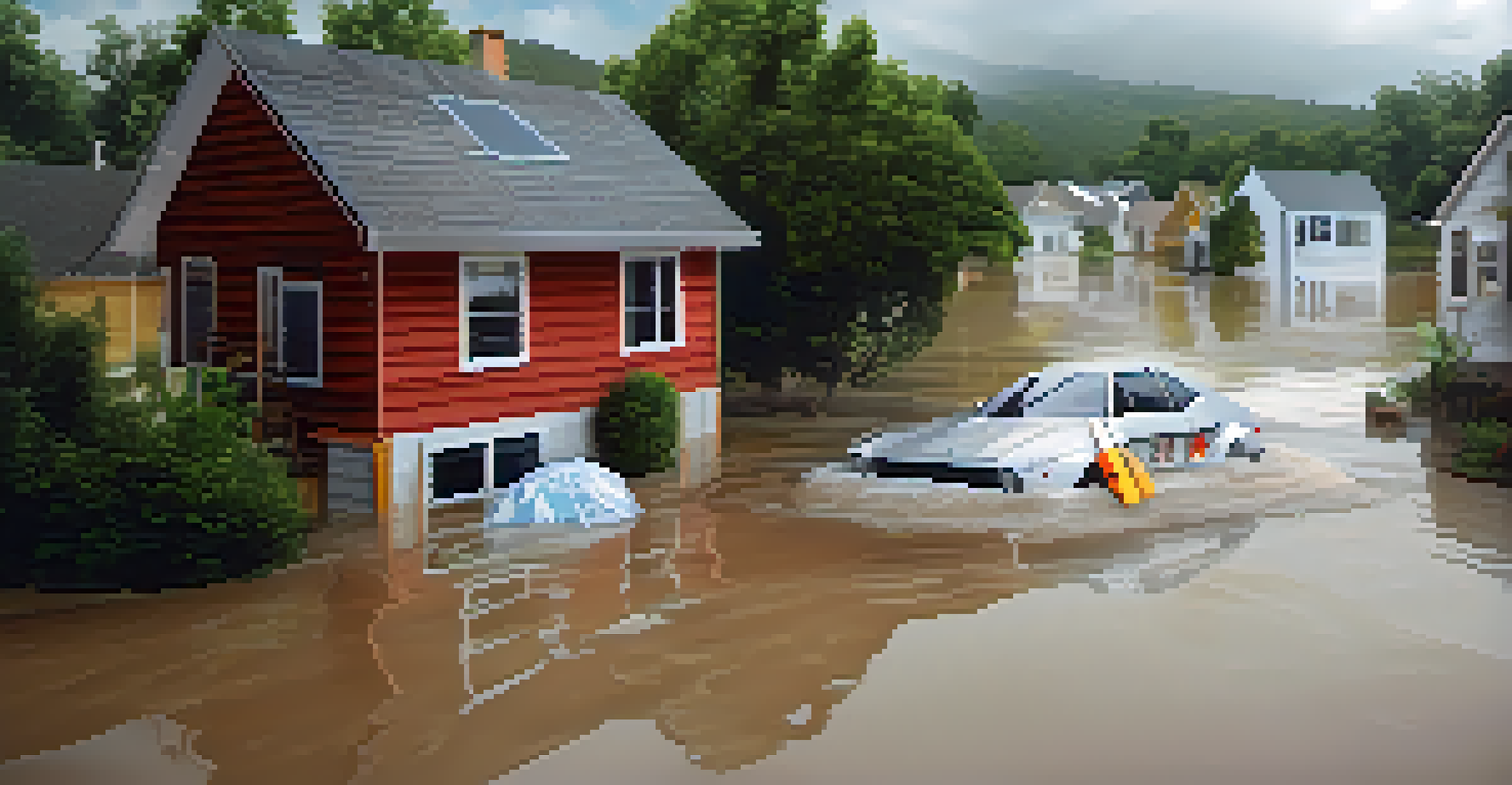 A scene depicting a house affected by flooding, with digital icons showing automated insurance claims being processed.