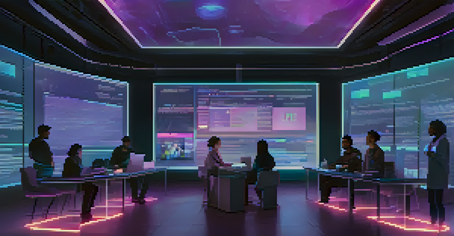A futuristic digital workspace with diverse individuals interacting with holographic voting interfaces.