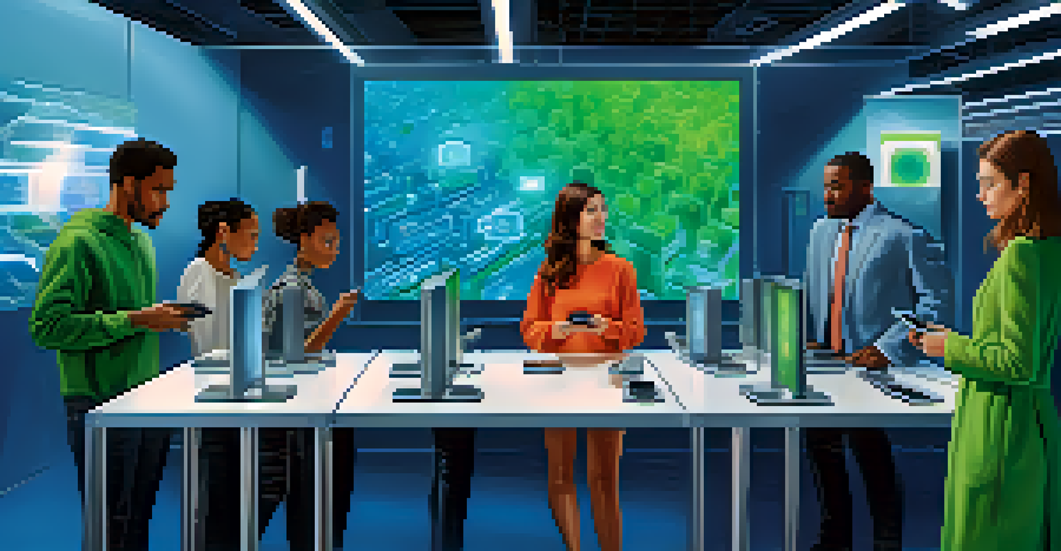 A diverse group of individuals using biometric devices for identity verification in a colorful, secure environment.