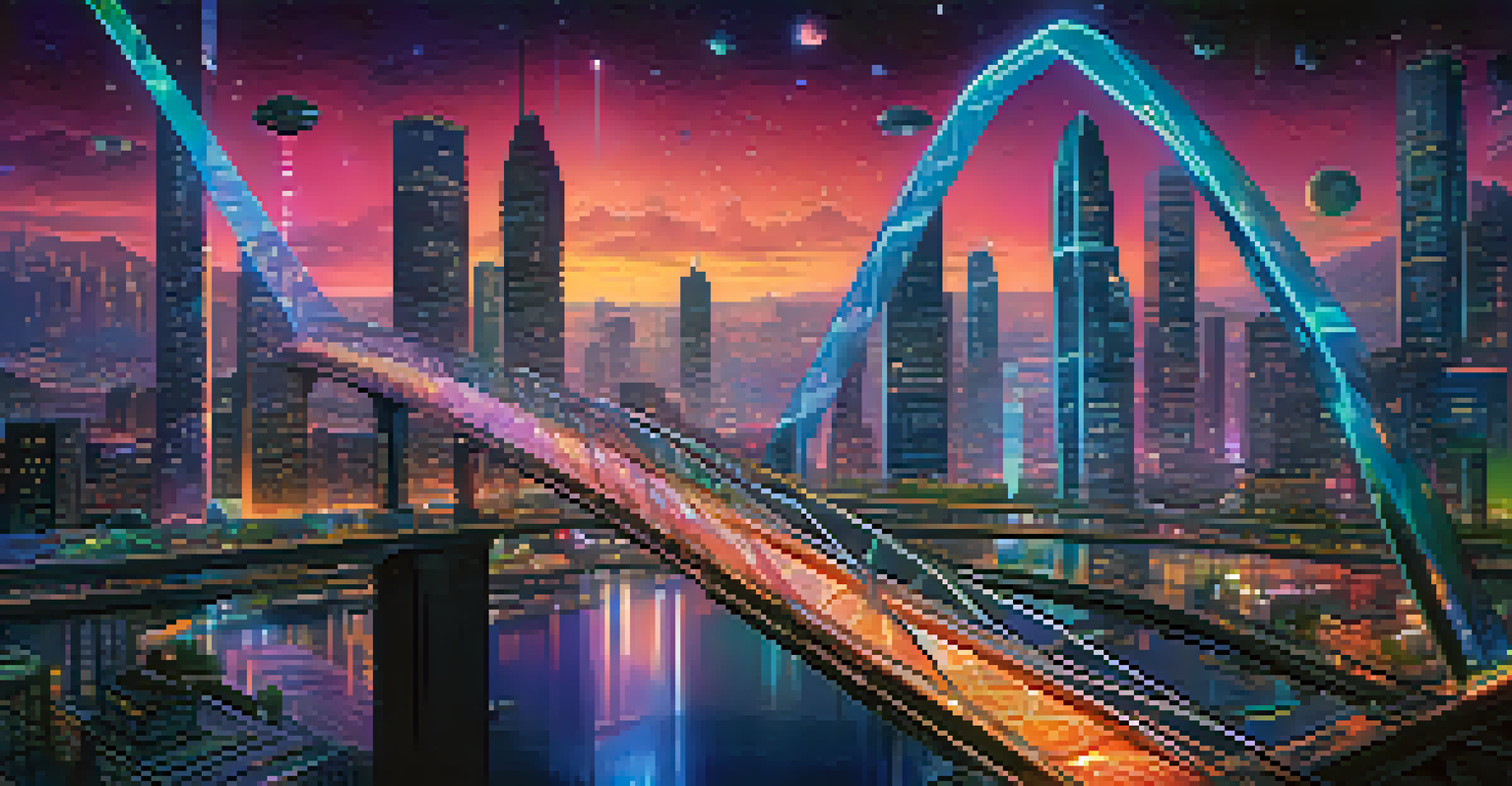 A futuristic city with glowing bridges connecting different blockchain networks, featuring diverse people and neon lights.