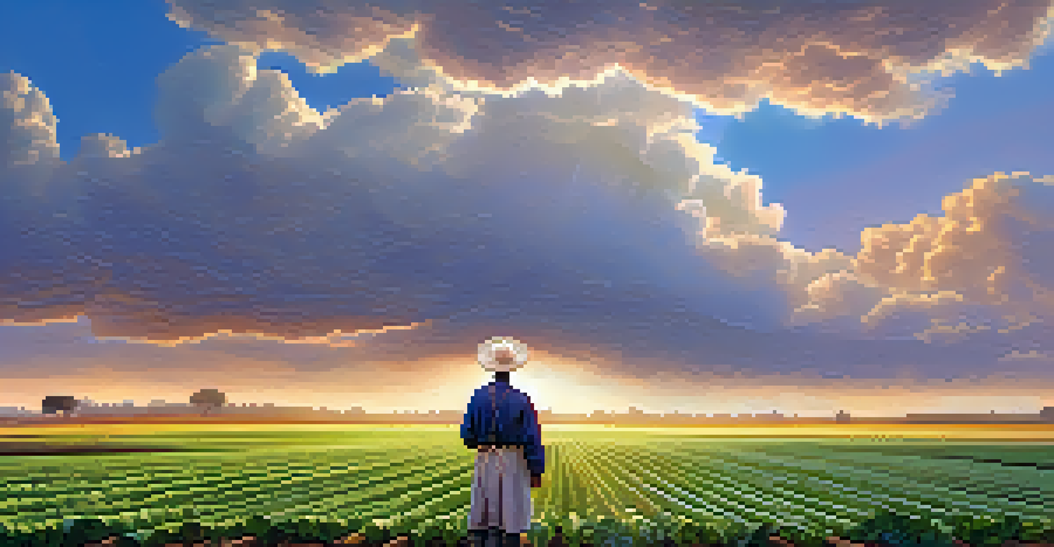 A farmer in a field looking at a digital display in the sky showing weather data, illustrating the use of oracles in agriculture.