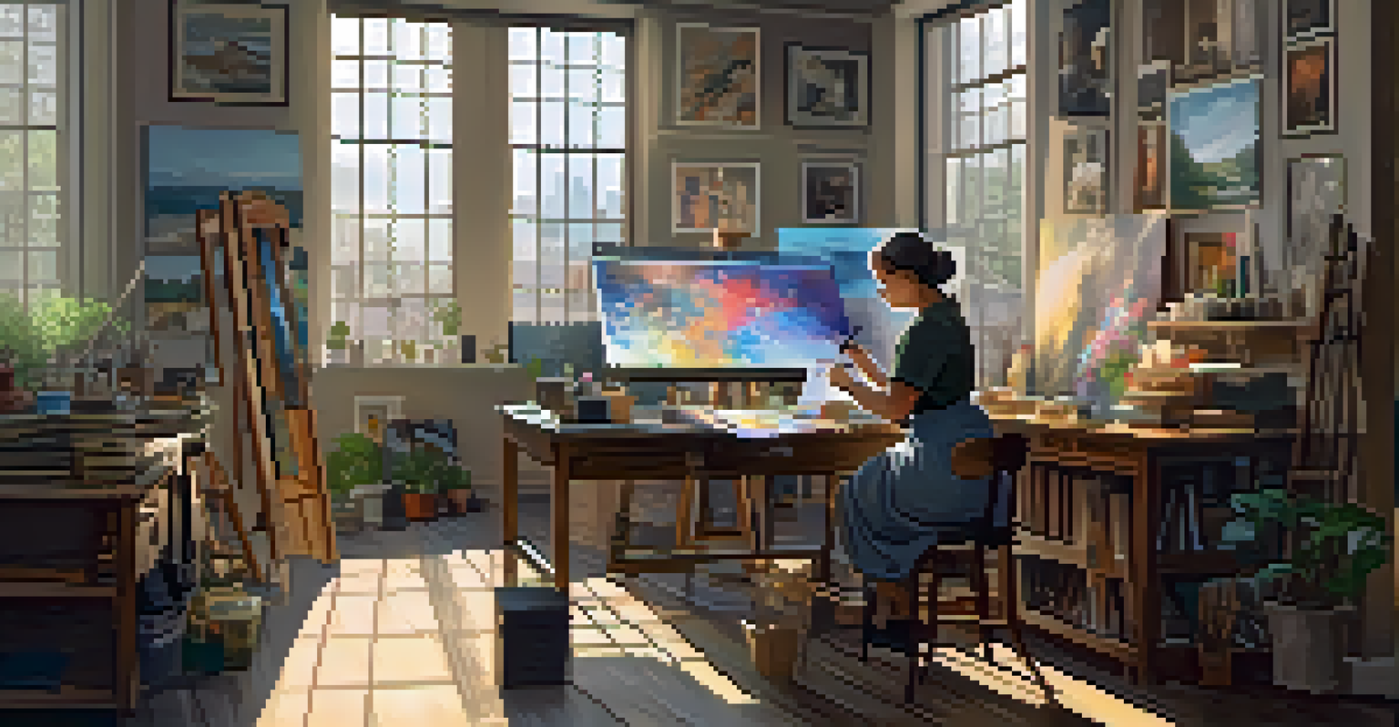 An artist in a studio working on a digital tablet, surrounded by digital and traditional art.