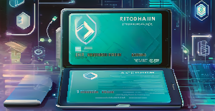 A digital wallet showing different identity credentials secured with a blockchain symbol, designed in blue and green colors.