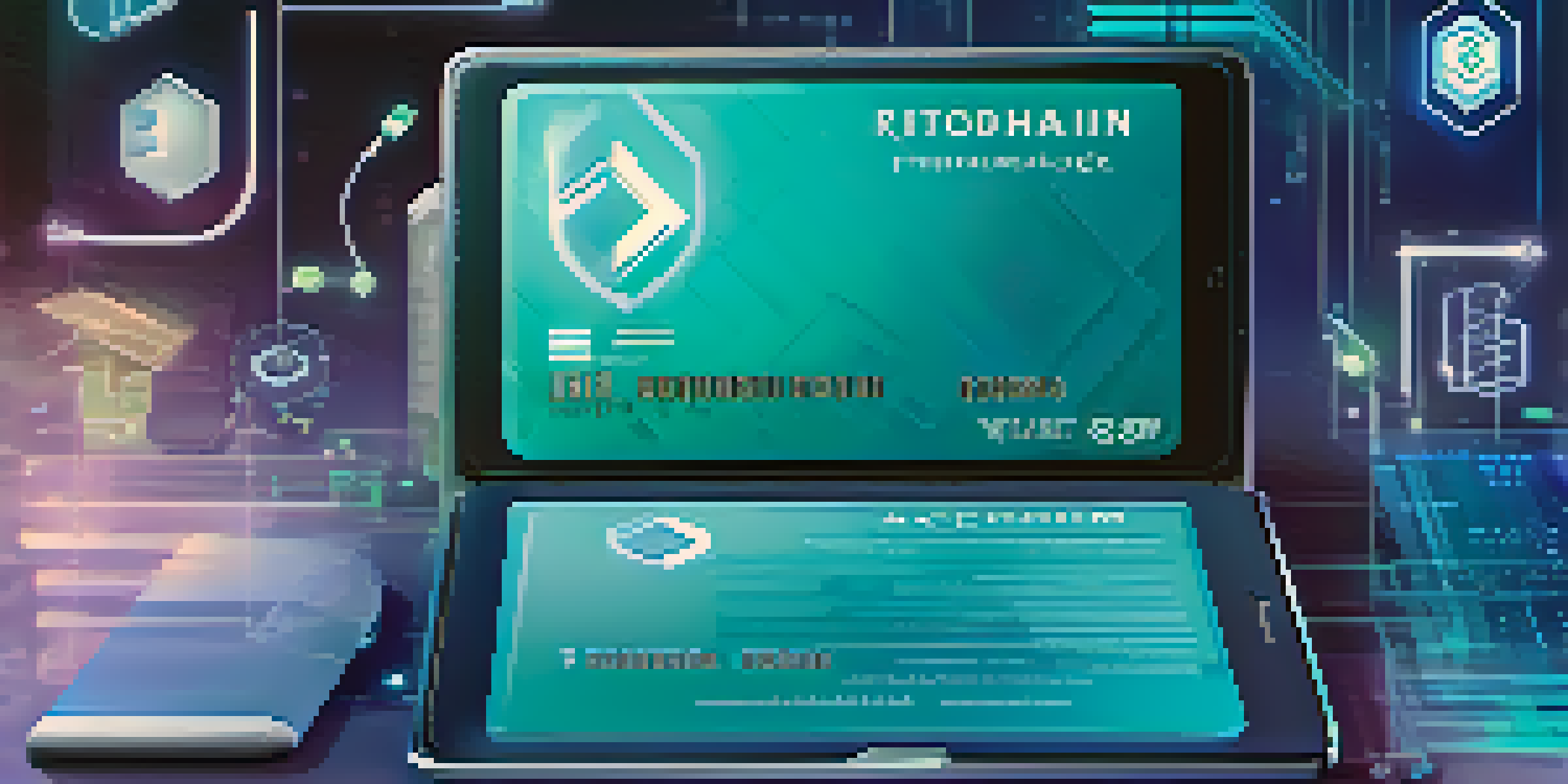A digital wallet showing different identity credentials secured with a blockchain symbol, designed in blue and green colors.