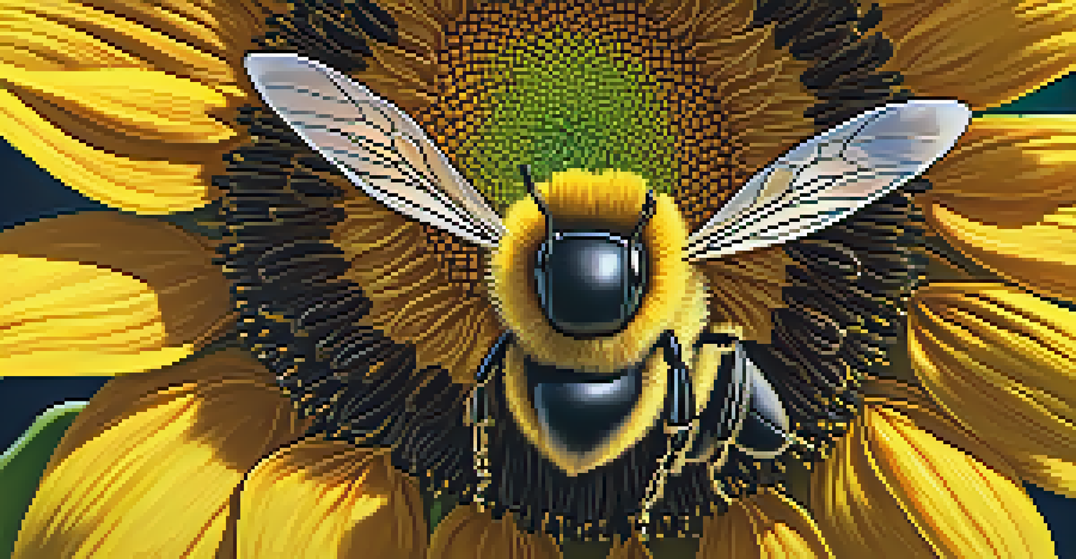 A close-up view of a bee on a sunflower, showcasing the textures of the flower and the bee's wings in vivid detail against a softly blurred background.