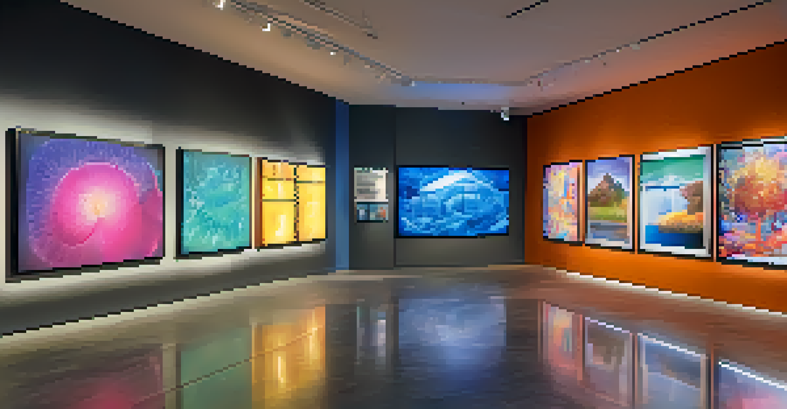 An art gallery featuring digital screens displaying various NFTs with colorful and unique digital artworks, softly lit for an inviting atmosphere.