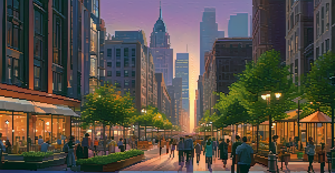 A vibrant cityscape at dusk with skyscrapers, historical buildings, and glowing streetlights, showcasing people walking in a lively atmosphere.