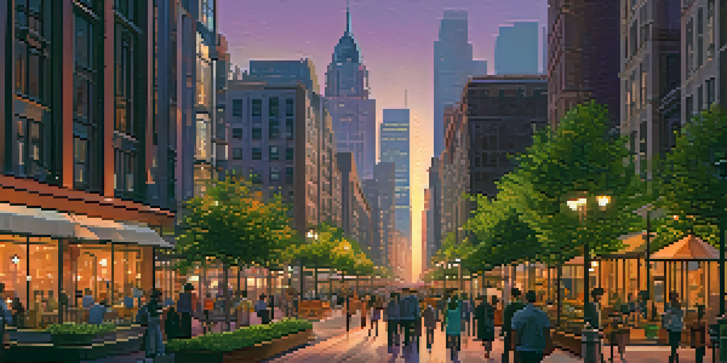 A vibrant cityscape at dusk with skyscrapers, historical buildings, and glowing streetlights, showcasing people walking in a lively atmosphere.