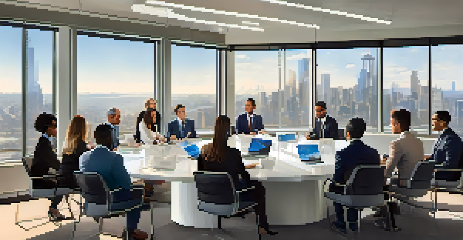A diverse group of people discussing real estate investment in a bright conference room, with laptops and documents about tokenized real estate on the table.