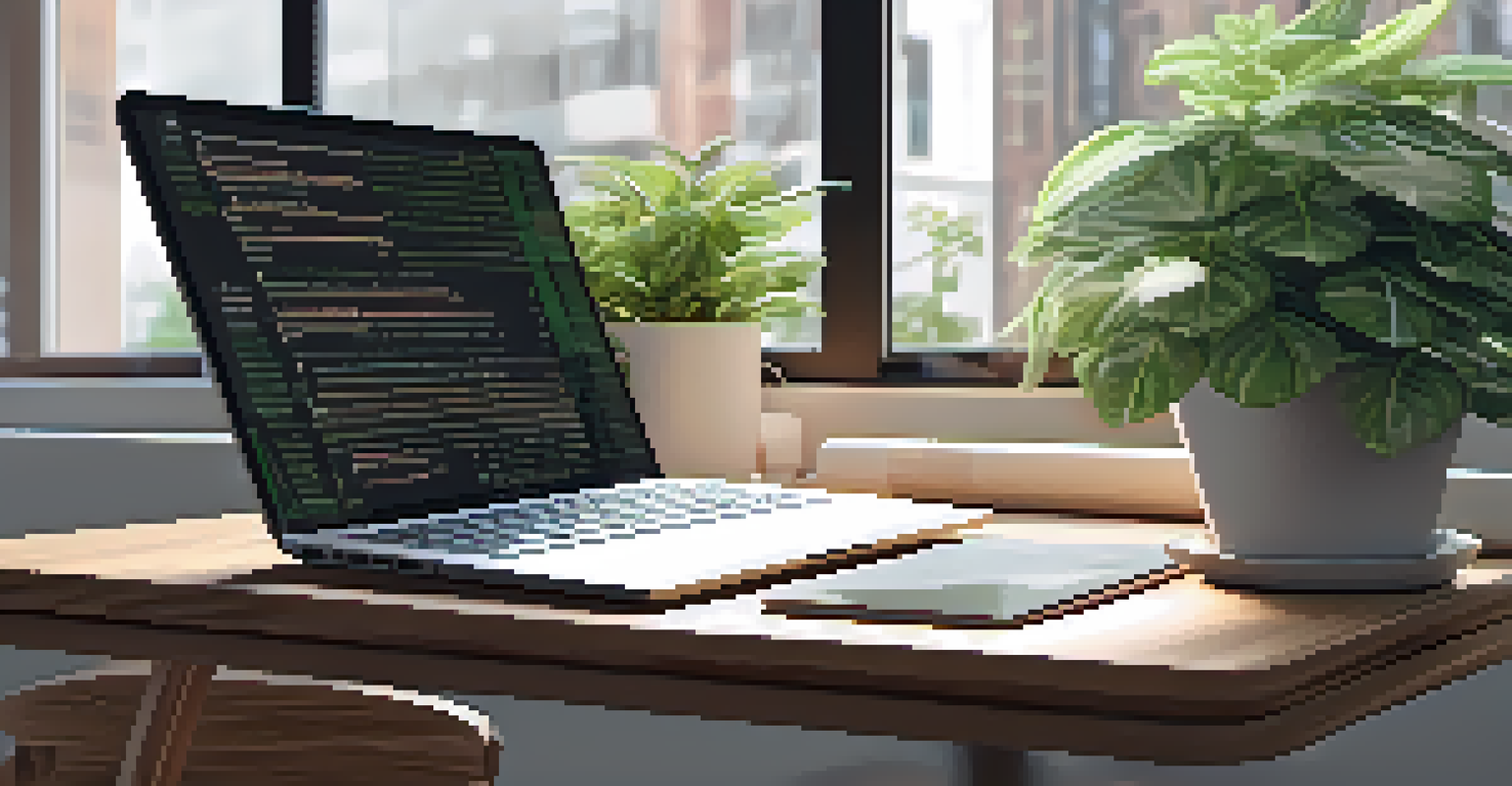 An inviting workspace with a laptop displaying a blockchain governance platform, notes, and a coffee cup, illuminated by natural light.
