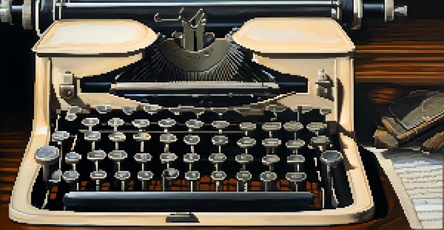 A close-up of a vintage typewriter with worn keys and a partially typed sheet of paper, highlighted by warm lighting.