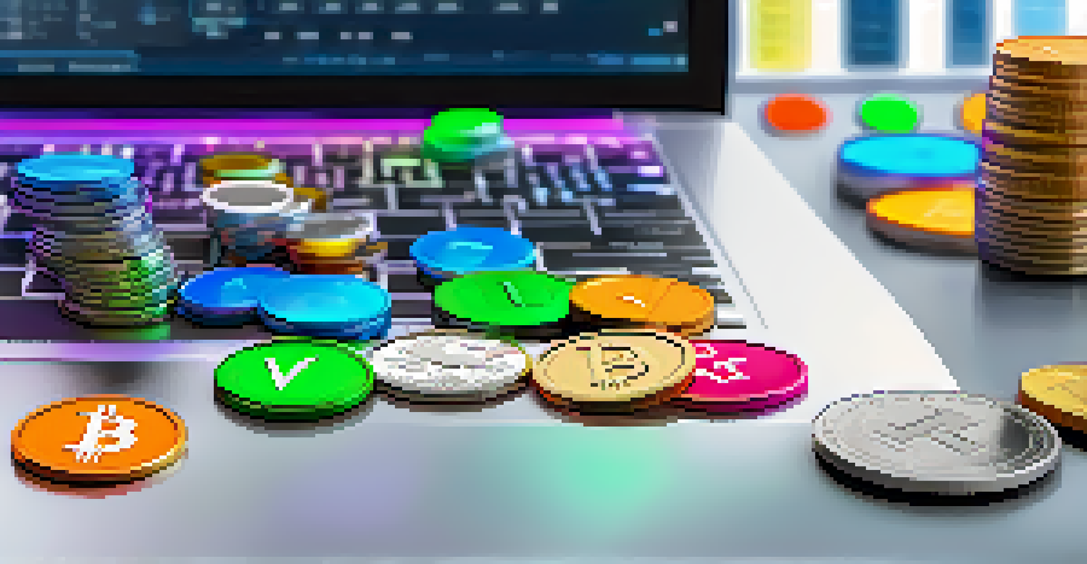 A close-up of colorful synthetic asset tokens on a desk next to a laptop displaying trading activity.