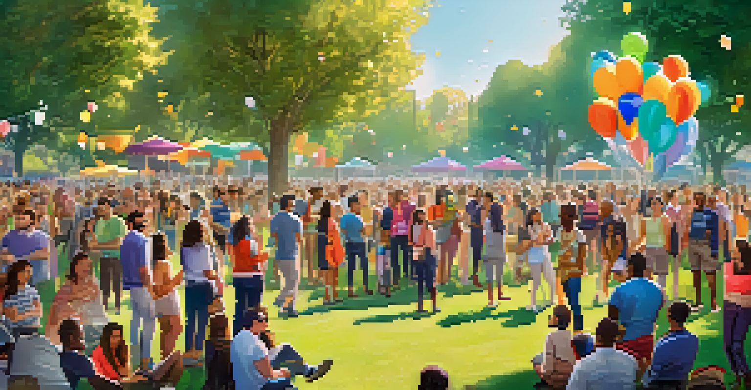 A diverse community gathering in a park celebrating the launch of an ERC20 token with banners and balloons.