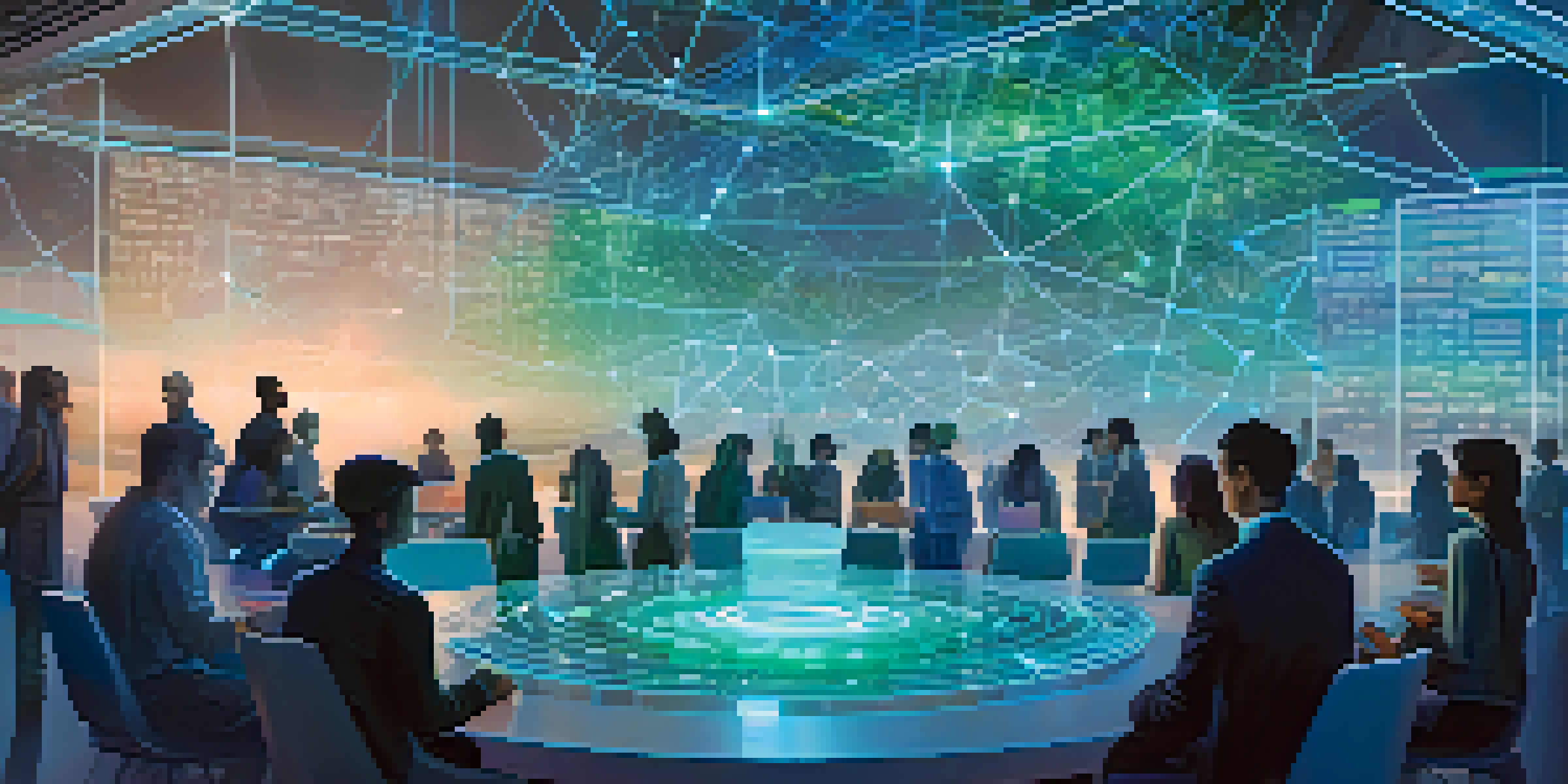 A digital landscape with interconnected nodes and diverse people discussing around a holographic blockchain display.