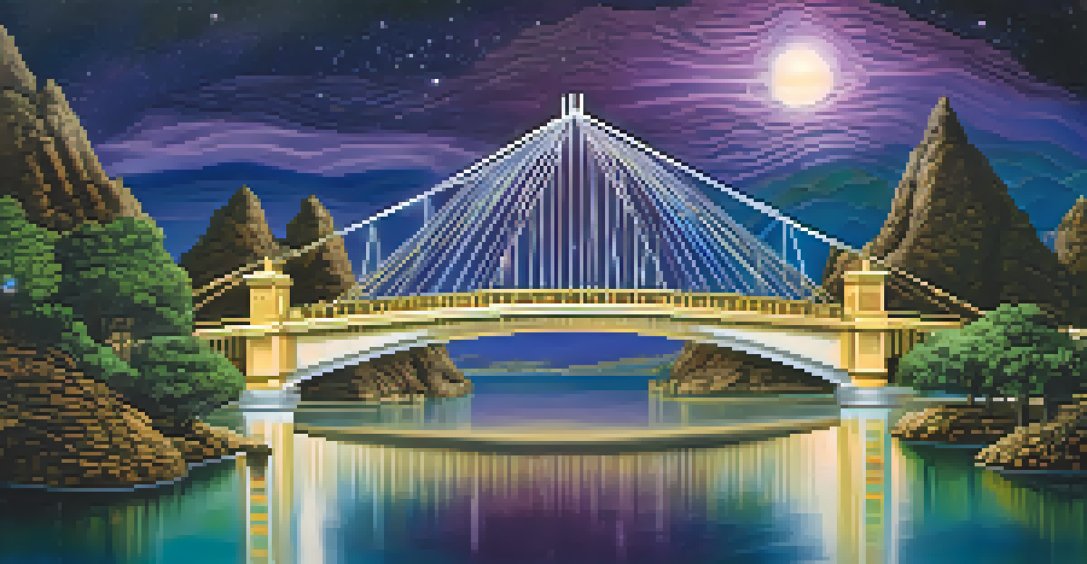 A digital bridge connecting two blockchain landscapes, representing Bitcoin and Ethereum, with various cryptocurrency symbols.
