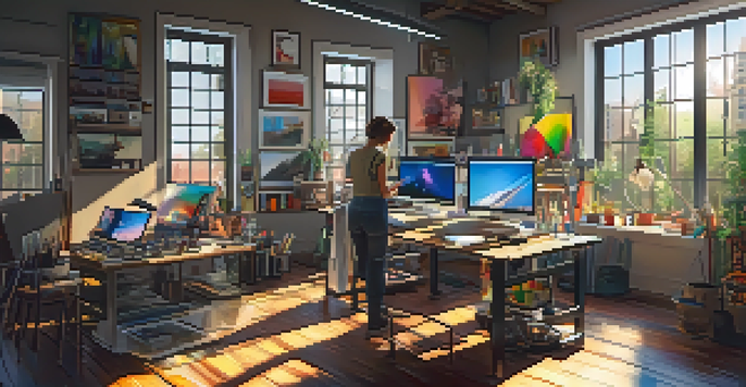 A digital art studio with artists working on computers, colorful art supplies, and sunlight streaming through windows.