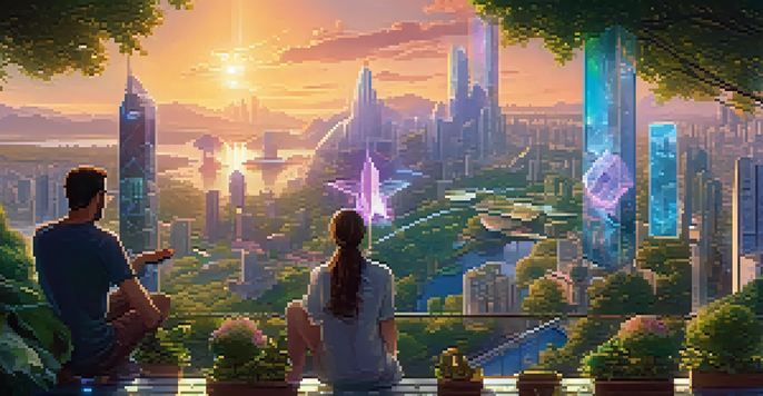 A futuristic city with a mix of traditional and modern architecture, featuring Ethereum logos and holographic interfaces against a sunset.