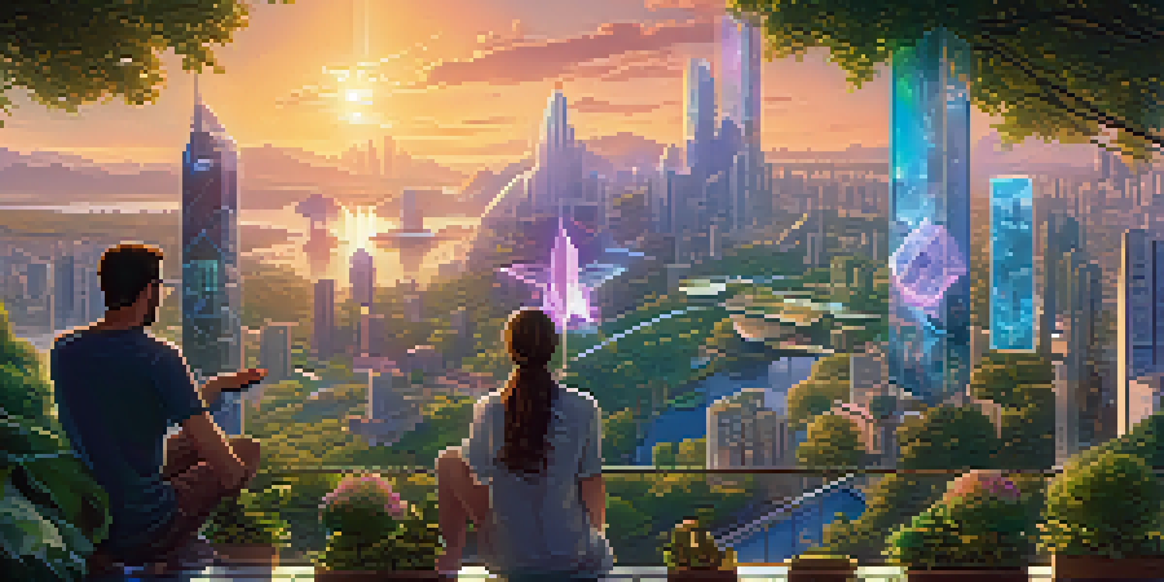 A futuristic city with a mix of traditional and modern architecture, featuring Ethereum logos and holographic interfaces against a sunset.