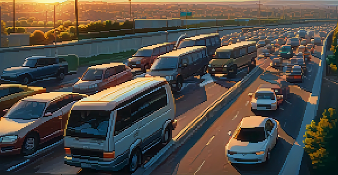 A crowded highway during sunset, illustrating heavy traffic and congestion.