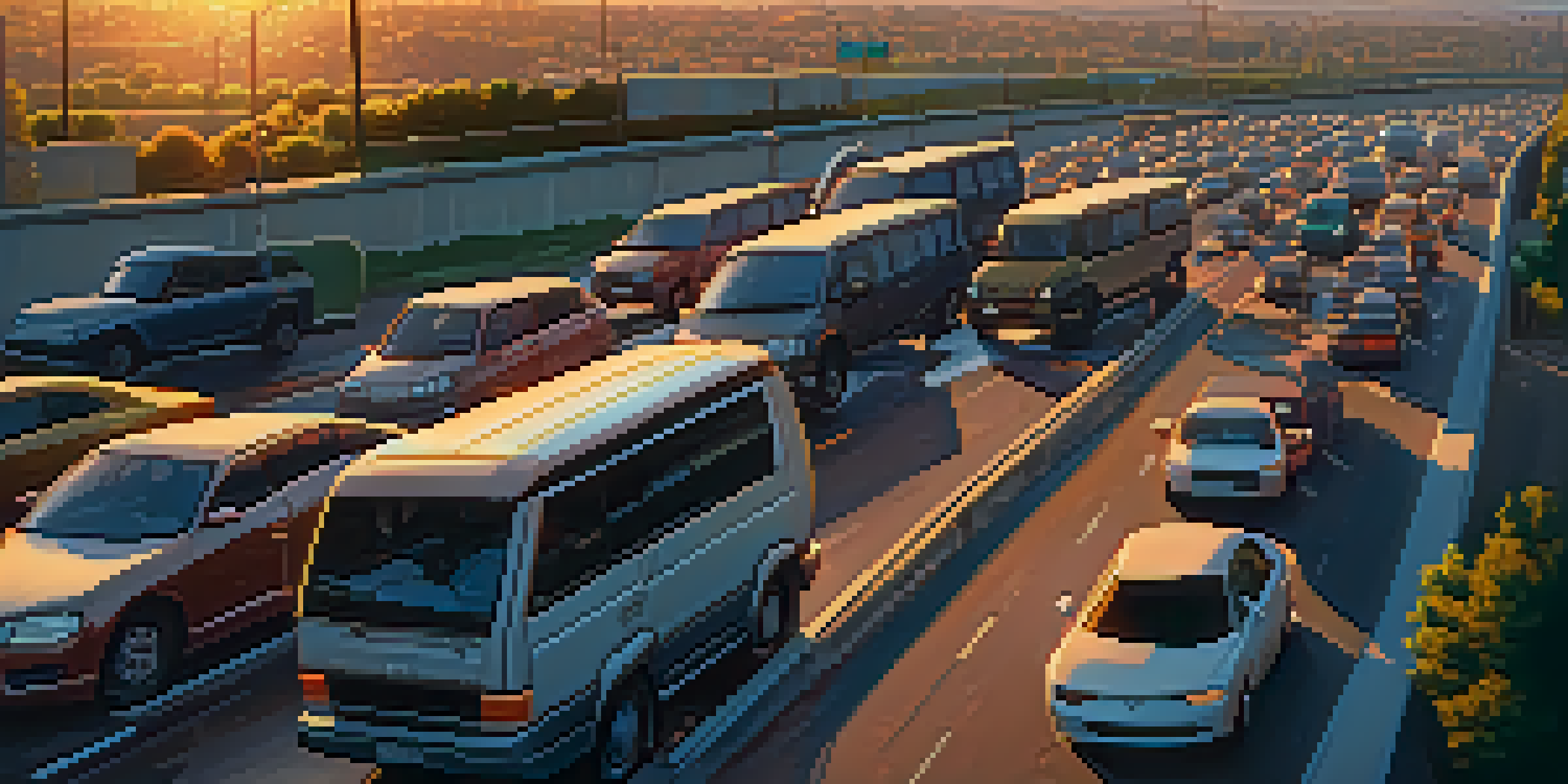 A crowded highway during sunset, illustrating heavy traffic and congestion.