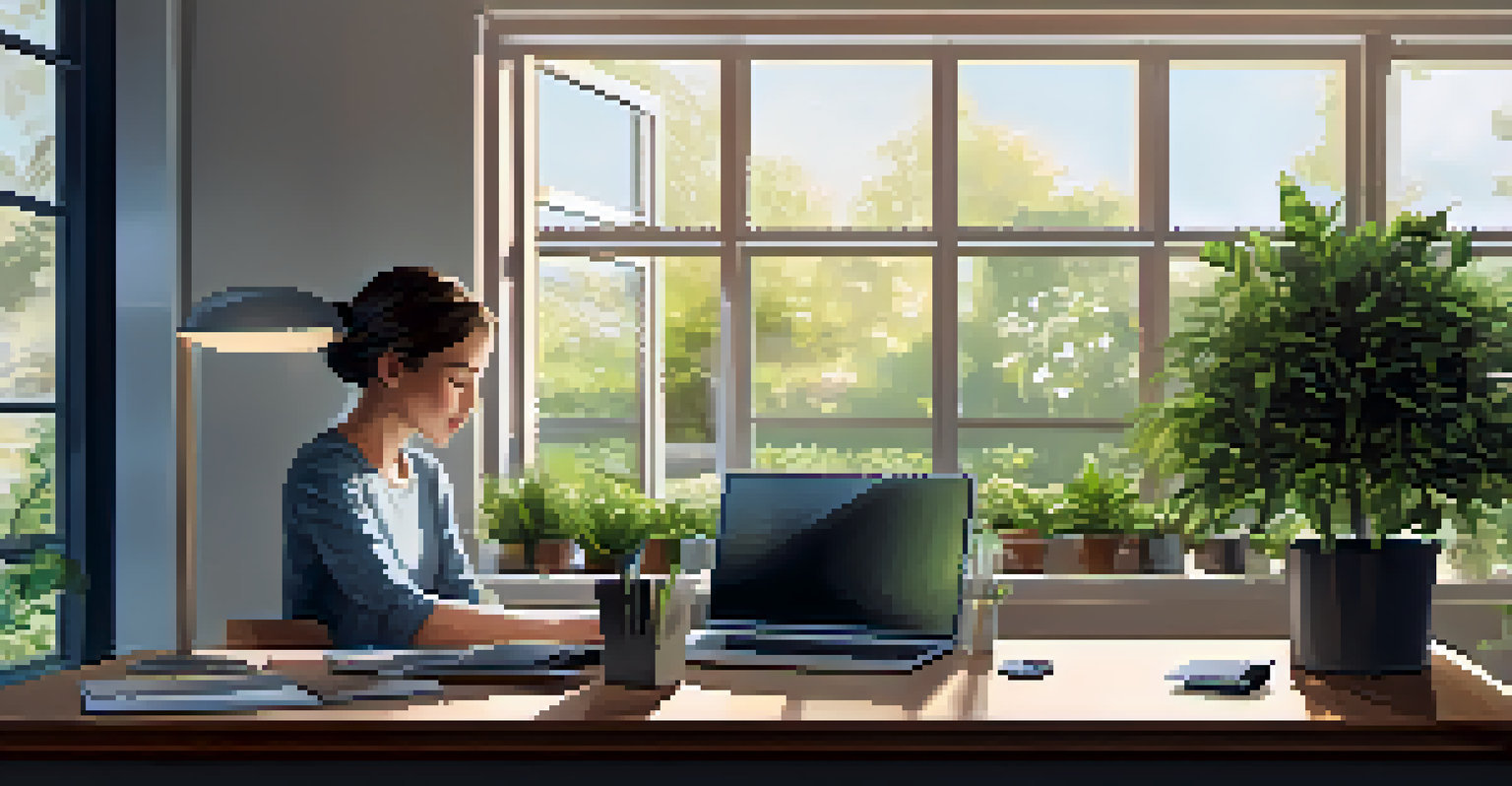 An office scene showing a person using a hardware wallet, with a laptop and plants in a bright, organized workspace.