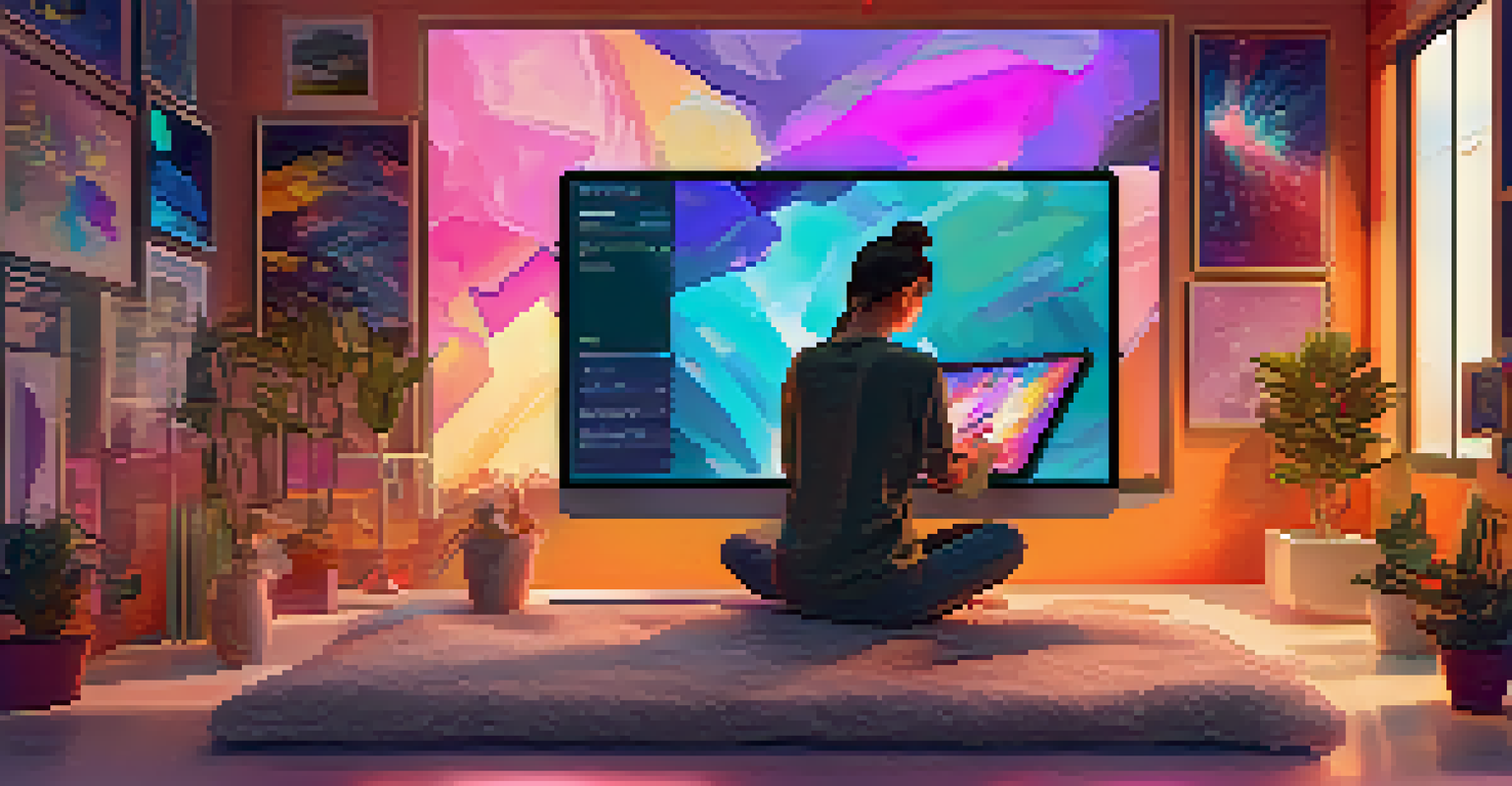 An artist creating digital art in a warm and inviting workspace, surrounded by colorful designs and framed artworks.