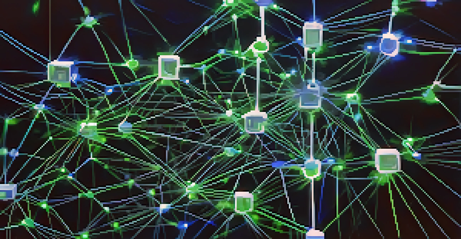 A close-up view of a blockchain network with glowing nodes and lines against a dark background.