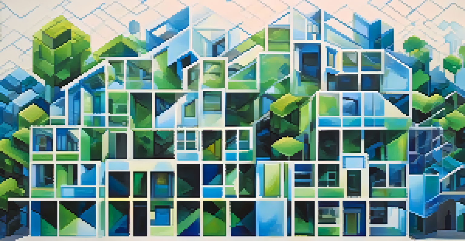 An abstract representation of blockchain forming a house shape with various real estate icons.