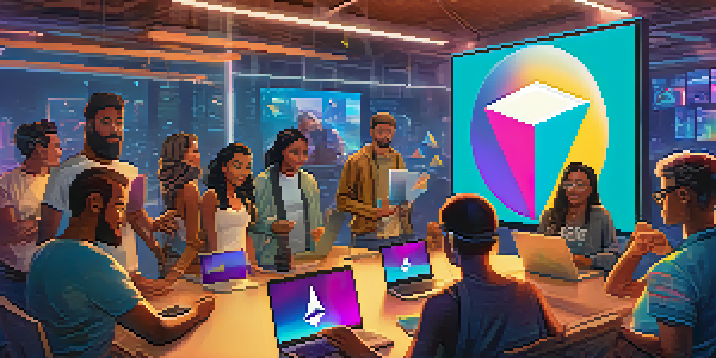 A diverse group of people engaged in discussion around a digital screen with the Ethereum logo, representing collaboration and innovation in blockchain technology.