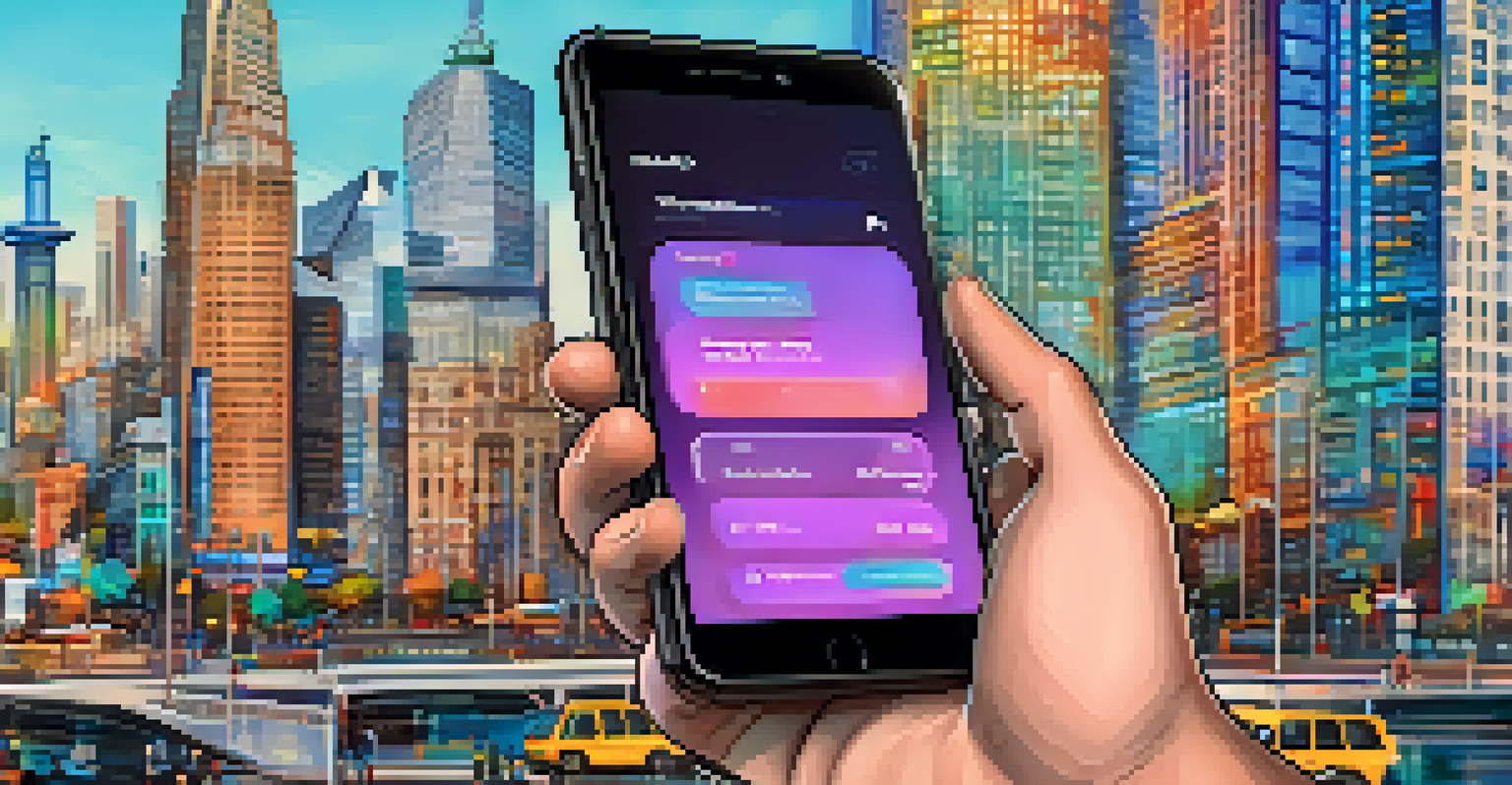 A close-up of a hand holding a smartphone displaying a decentralized application interface on Ethereum against a blurred city street background.