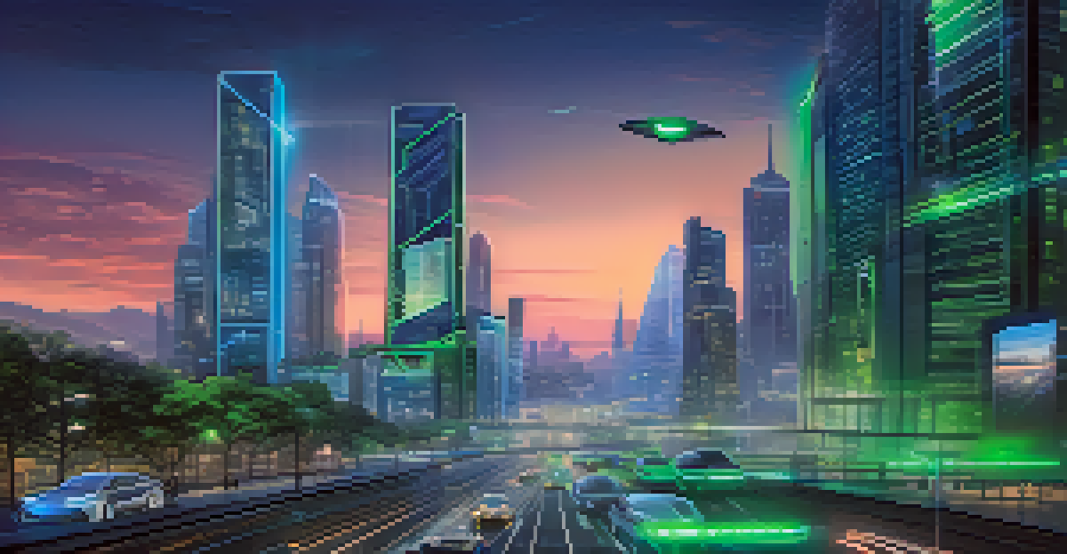 A futuristic smart city at twilight with various IoT devices like smart traffic lights and autonomous vehicles illuminated in blue and green lights, with a modern skyline.