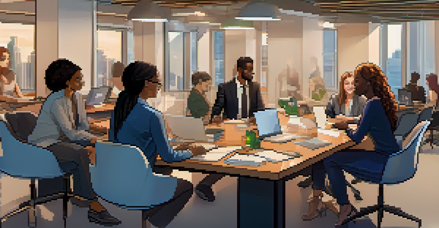 A diverse group of professionals discussing around a table with laptops in a modern office, emphasizing teamwork and collaboration.