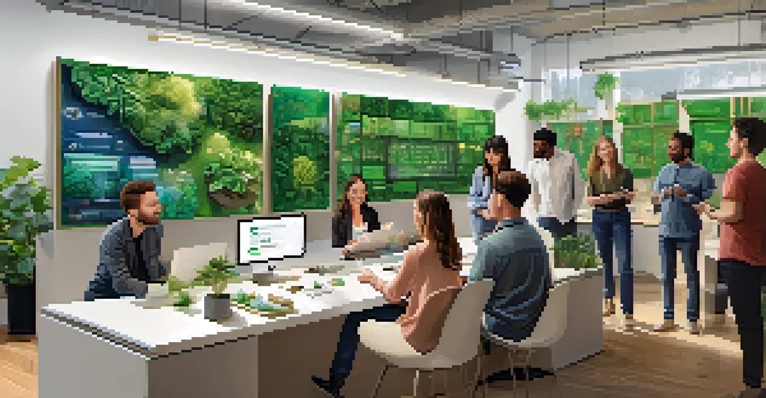 A group of diverse individuals interacting with a futuristic digital interface in a bright, modern workspace, symbolizing innovation and teamwork.
