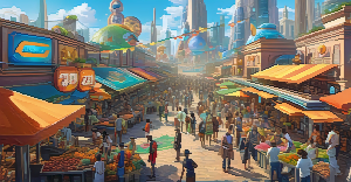 A vibrant digital marketplace featuring players interacting with colorful digital creatures and unique items in a futuristic setting.