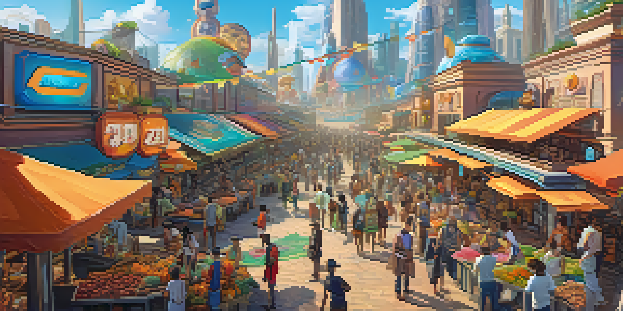 A vibrant digital marketplace featuring players interacting with colorful digital creatures and unique items in a futuristic setting.