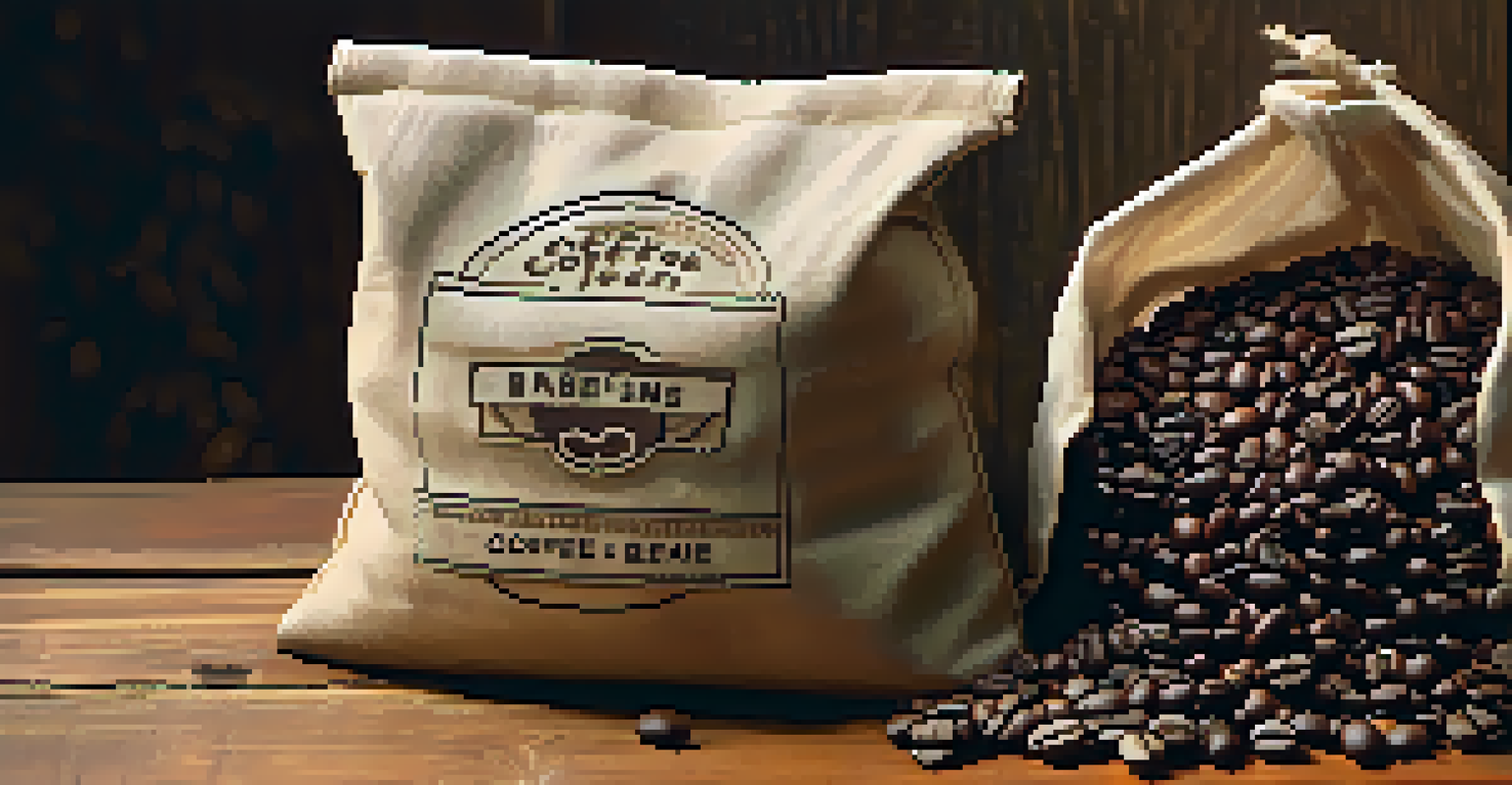 A close-up of a fair trade coffee bag on a wooden table, with coffee beans and a cup beside it.